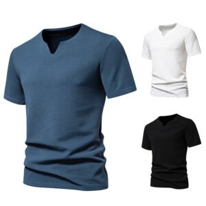 Men's Textured Waffle Knit Notch V-Neck Casual Short Sleeve Tee