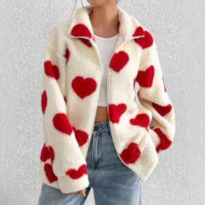 Sweet Heart Print Zip-Up Sherpa Fleece Jacket