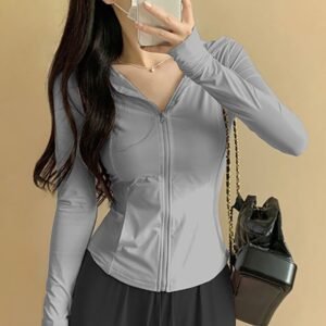Women's Slim Fit Hooded Yoga Jacket – Grey Athletic Zip-Up Top