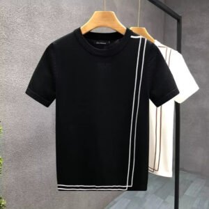 Men's Minimalist Slim Fit Knit Tee with Geometric Stripe Detail