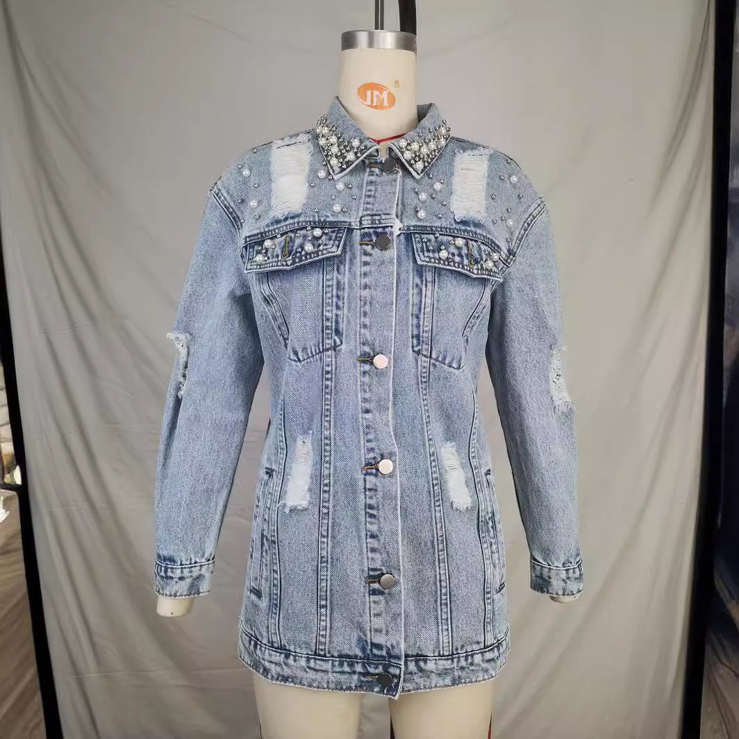 Pearl Embellished Distressed Longline Denim Jacket