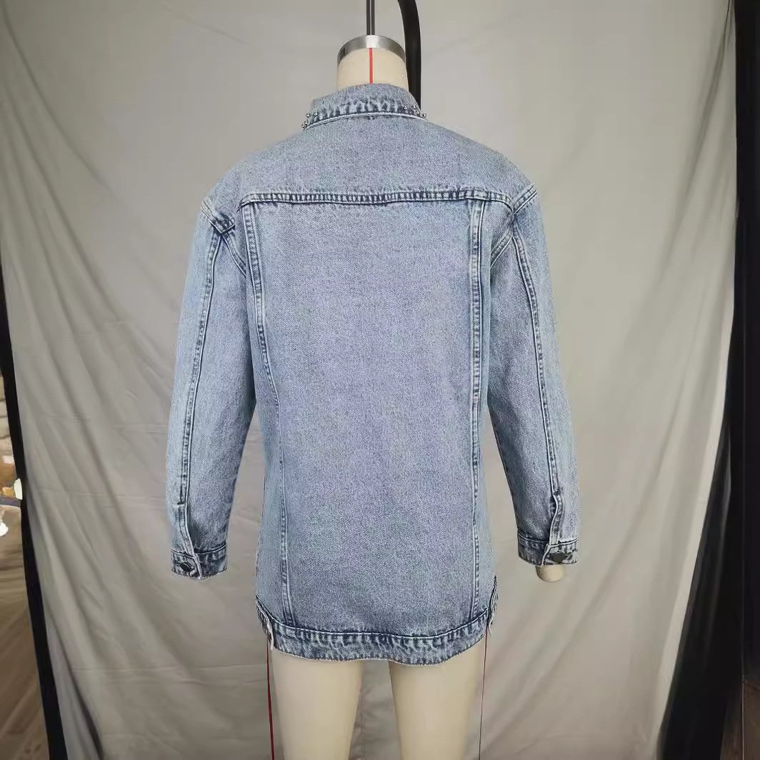 Pearl Embellished Distressed Longline Denim Jacket - Image 4