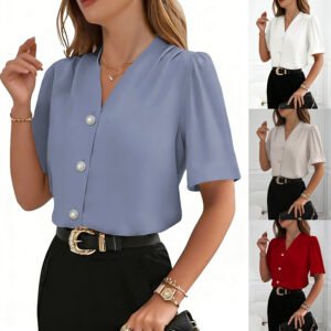 Fashionable V-neck Button-Down Casual Business Short-Sleeve Shirt