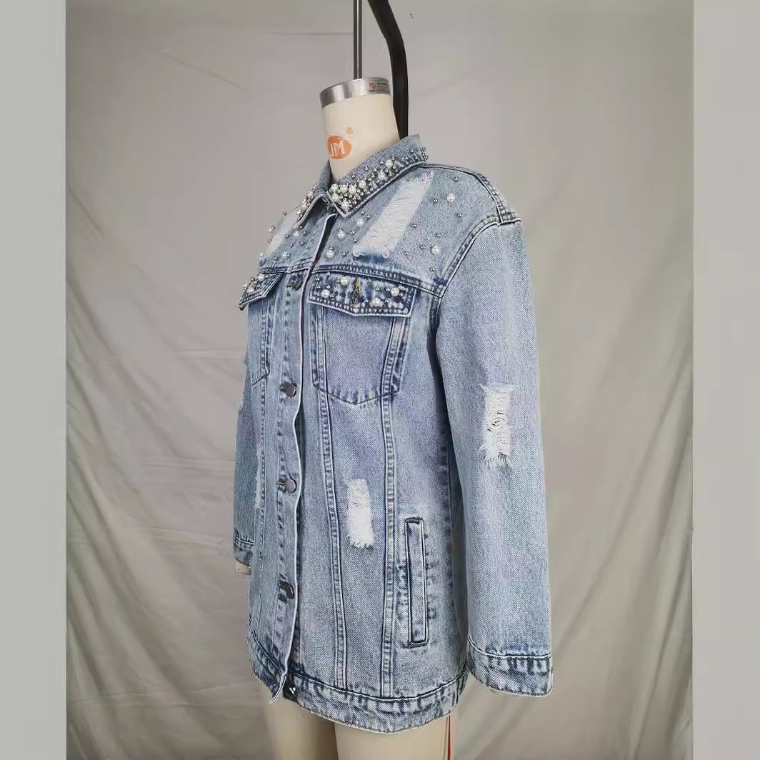 Pearl Embellished Distressed Longline Denim Jacket - Image 2