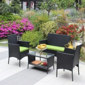 4-Piece Rattan Patio Furniture Set Outdoor Wicker Sofa with Green Cushions