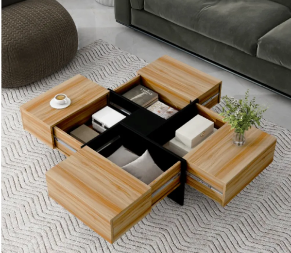 Unique Design Coffee Table With 4 Hidden Storage Compartments